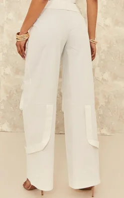 White Woven Foldover Waist Zip Front Cargos