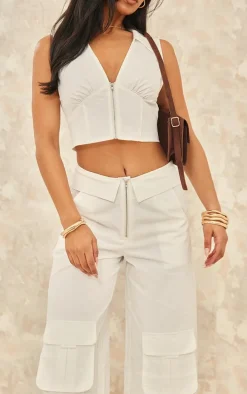 White Woven Foldover Waist Zip Front Cargos