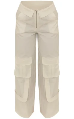 White Woven Foldover Waist Zip Front Cargos