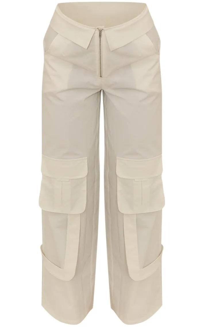 White Woven Foldover Waist Zip Front Cargos