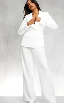 White Woven High Waisted Tailored Wide Leg Pants