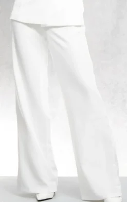 White Woven High Waisted Tailored Wide Leg Pants