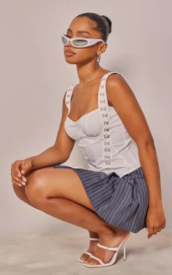 White Woven Hook And Eye Detail Strap Crop Top