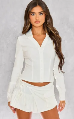 White Woven Long Sleeve Cargo Shirt