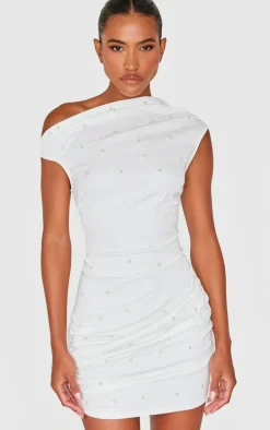 White Woven Pearl Detail Mini Dress