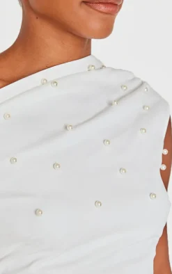 White Woven Pearl Detail Mini Dress