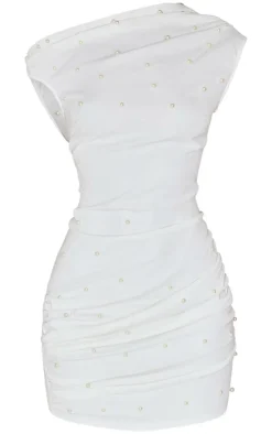 White Woven Pearl Detail Mini Dress