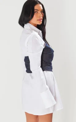 White Woven Pinstripe Corset Oversized Shirt Dress