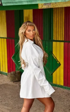 White Woven Pleated Waist Oversized Shirt Dress