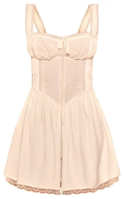 White Woven Ruched Corset Detail Frill Hem Mini Dress