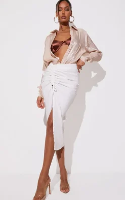 White Woven Ruched Detail Midi Skirt