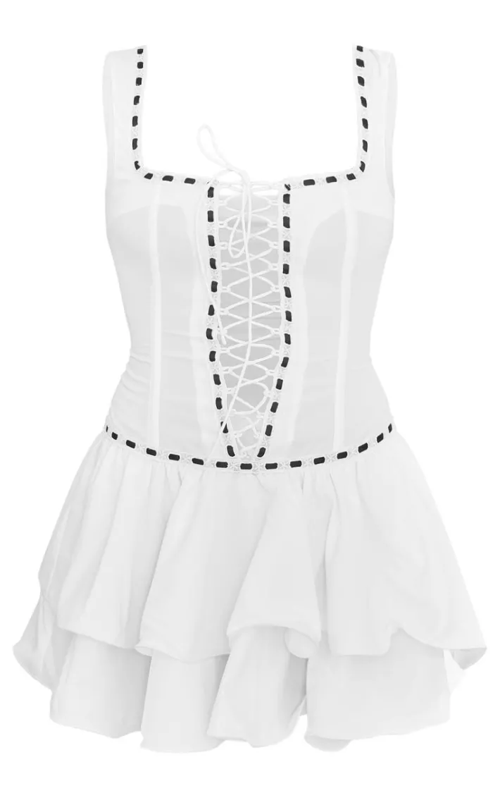 White Woven Square Neck Lace Up Frill Mini Dress