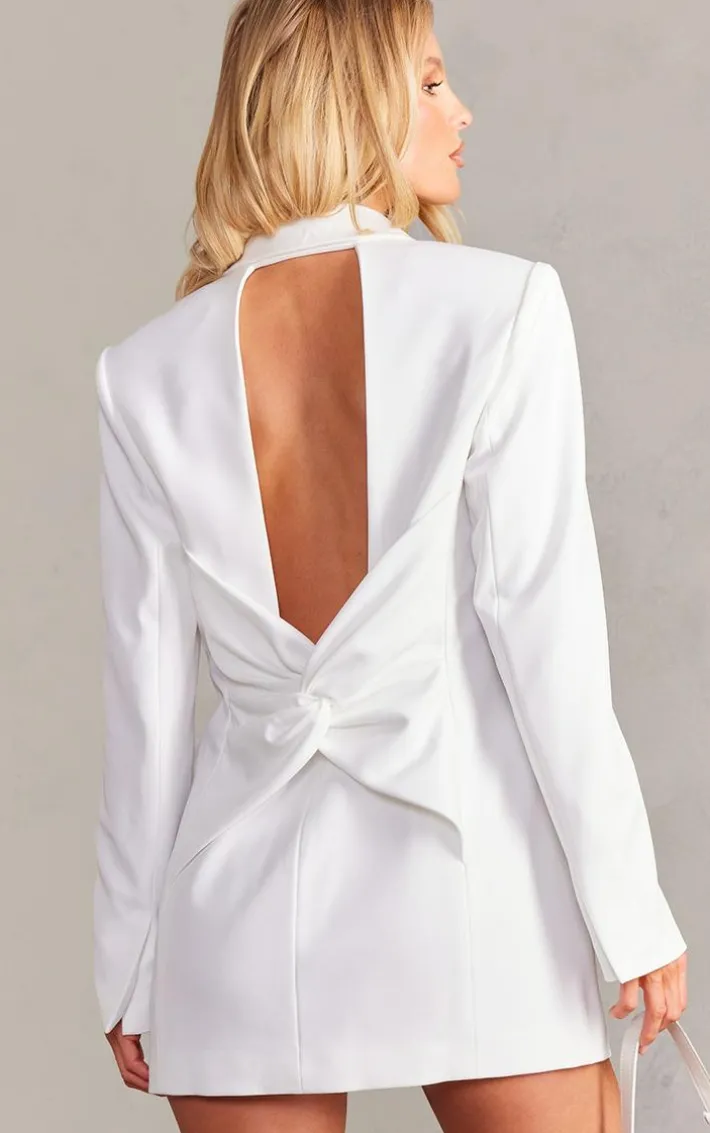 White Woven Tailored Cut Out Twist Back Blazer Dress