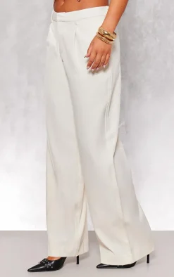White Woven Tailored High Waist Pleated Pants