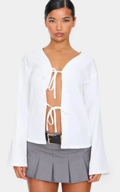 White Woven Tie Front Flared Sleeve Shirt