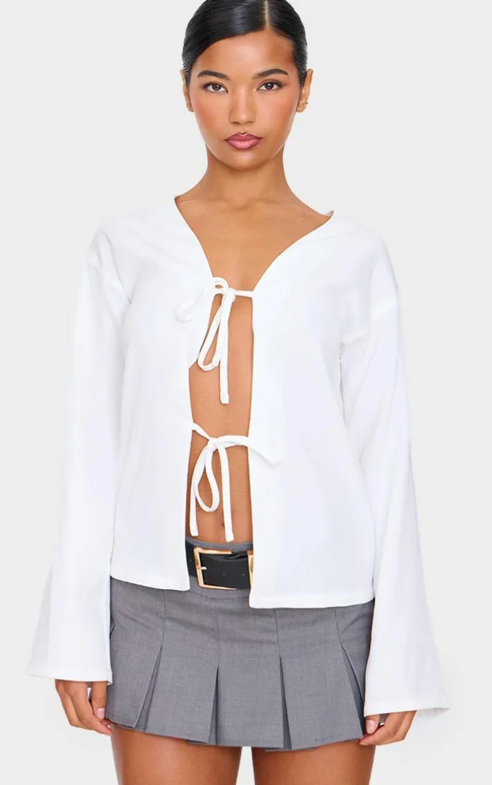 White Woven Tie Front Flared Sleeve Shirt