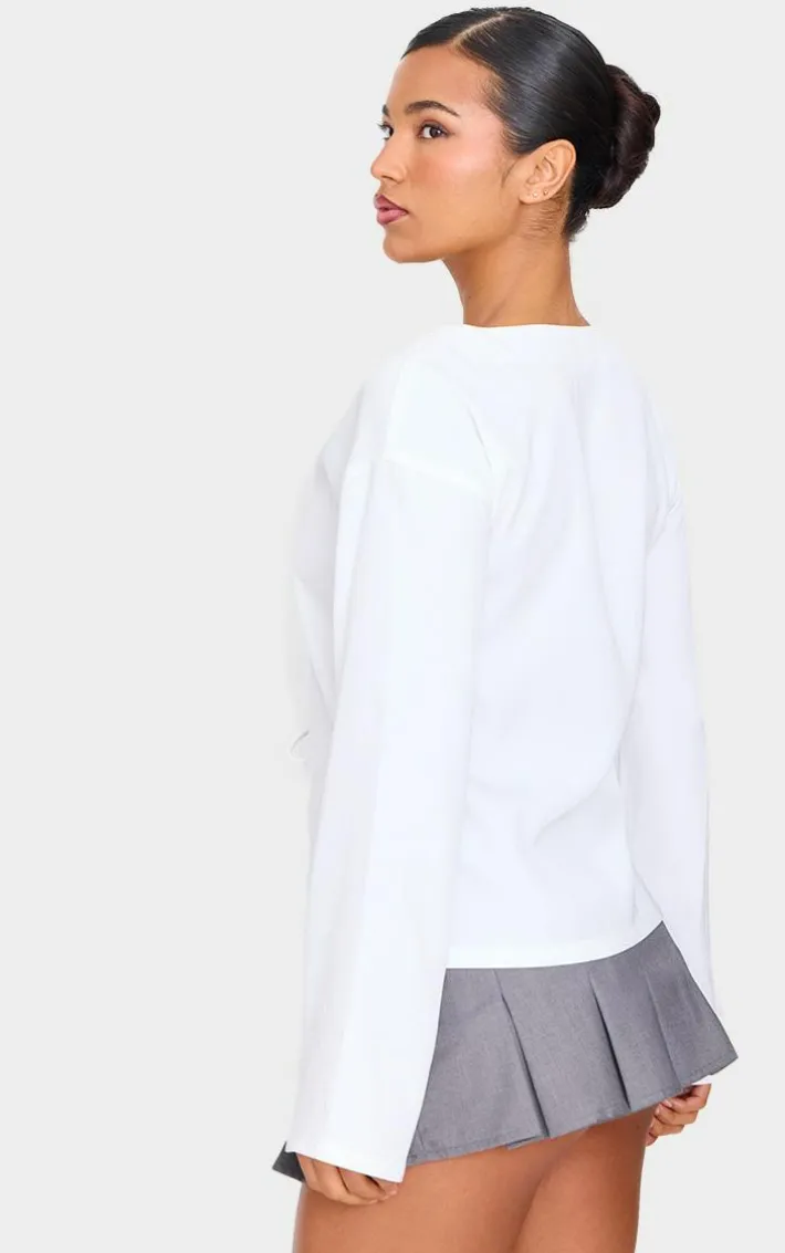 White Woven Tie Front Flared Sleeve Shirt