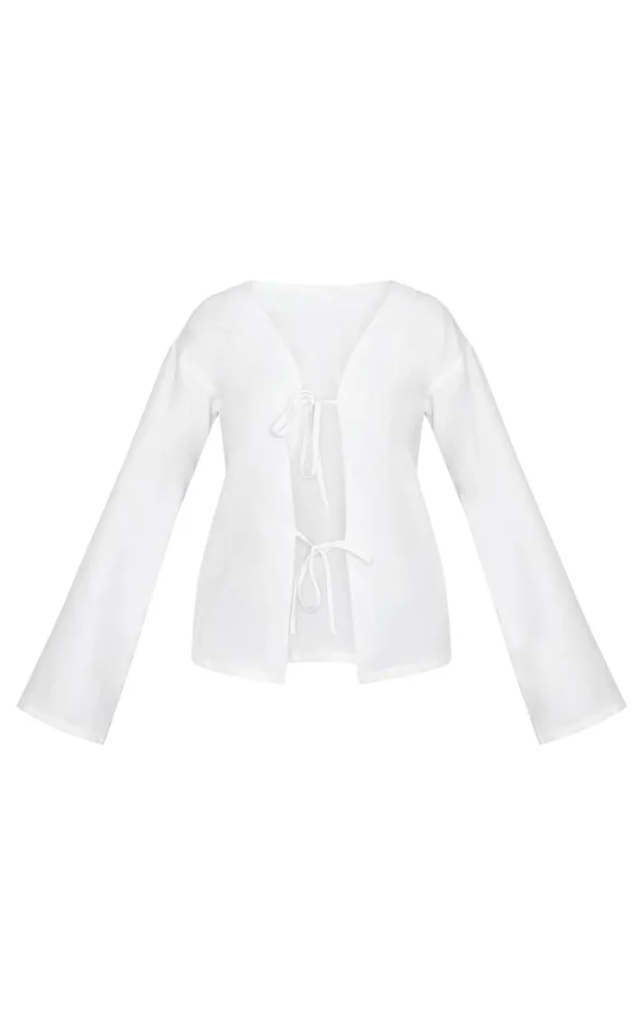 White Woven Tie Front Flared Sleeve Shirt