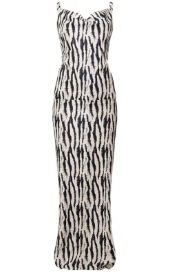 White Zebra Print Satin Cowl Neck Maxi Dress