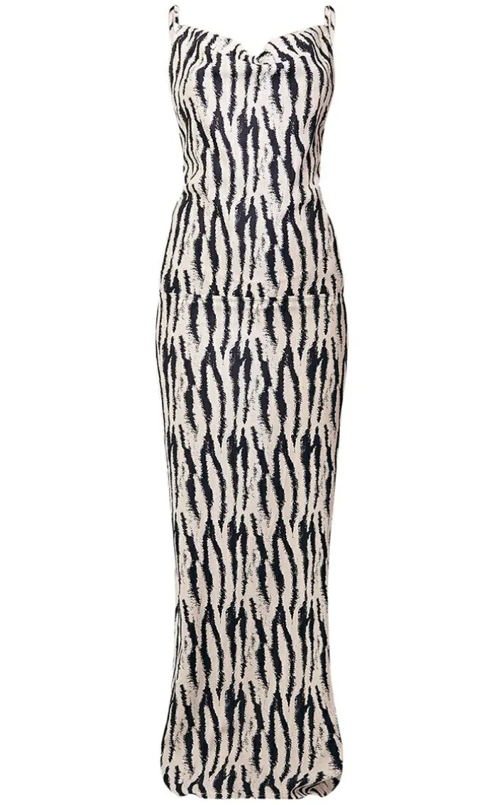 White Zebra Print Satin Cowl Neck Maxi Dress