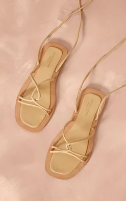 Wide Fit Beige Real Leather Round Toe Lace Up Flat Sandals