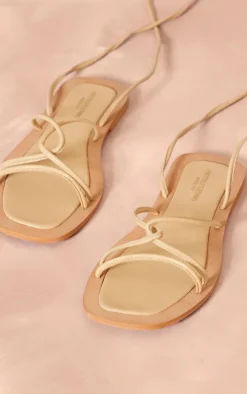 Wide Fit Beige Real Leather Round Toe Lace Up Flat Sandals