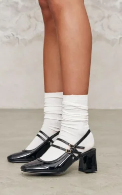 Wide Fit Black Patent PU Round Toe Gold Buckle Block Heel Mary Janes