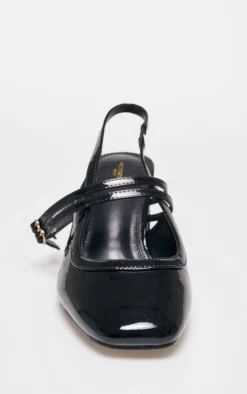 Wide Fit Black Patent PU Round Toe Gold Buckle Block Heel Mary Janes