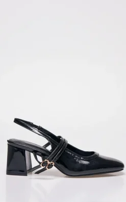 Wide Fit Black Patent PU Round Toe Gold Buckle Block Heel Mary Janes