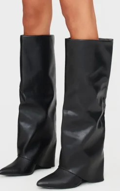 Wide Fit Black PU Fold Over Zip Detail Point Toe Knee High Wedge Heeled Boots