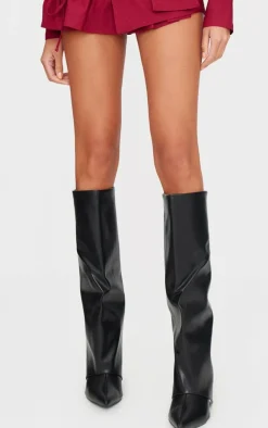 Wide Fit Black PU Fold Over Zip Detail Point Toe Knee High Wedge Heeled Boots
