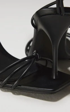 Wide Fit Black PU Square Toe Lace Up High Stiletto Heeled Sandals