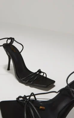 Wide Fit Black PU Square Toe Lace Up High Stiletto Heeled Sandals