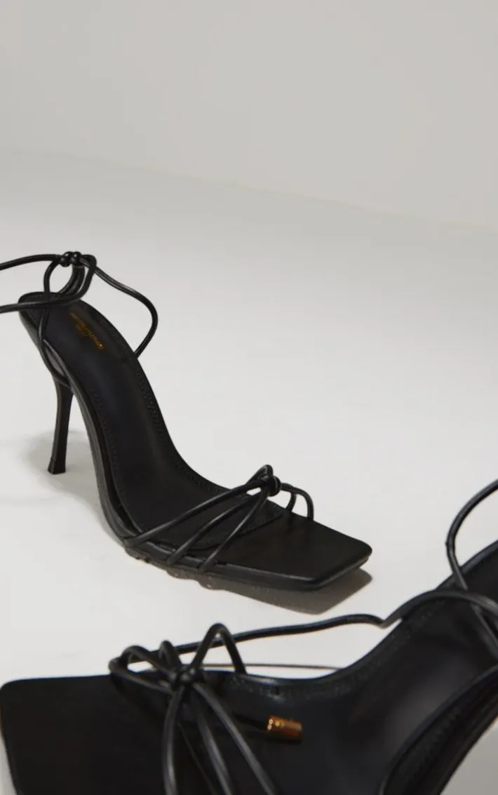 Wide Fit Black PU Square Toe Lace Up High Stiletto Heeled Sandals