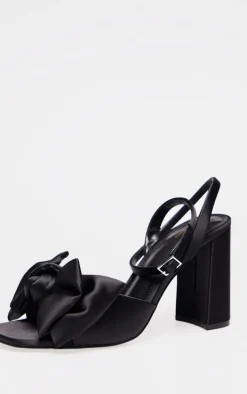 Wide Fit Black Satin Round Toe Bow Block Heeled Sandals