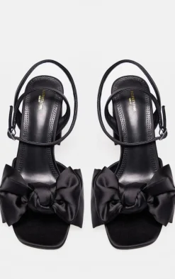 Wide Fit Black Satin Round Toe Bow Block Heeled Sandals