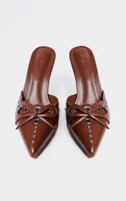 Wide Fit Brown PU Point Toe Bow Detailed Heeled Mules