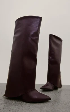 Wide Fit Burgundy PU Fold Over Zip Detail Point Toe Knee High Wedge Heeled Boots