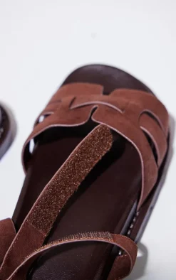 Wide Fit Chocolate Faux Suede Round Toe Velcro Strap Chunky Sandals