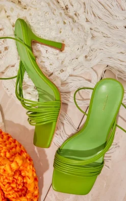 Wide Fit Green PU Square Toe Multi Strap Asymmetric Lace Up High Heeled Sandals