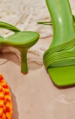 Wide Fit Green PU Square Toe Multi Strap Asymmetric Lace Up High Heeled Sandals