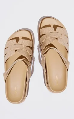 Wide Fit Natural Linen Round Toe Velcro Strap Chunky Sandals