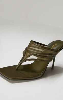 Wide Fit Olive Square Toe Double Mesh Thong Stiletto Heeled Mules