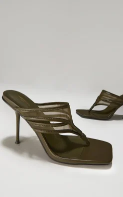 Wide Fit Olive Square Toe Double Mesh Thong Stiletto Heeled Mules