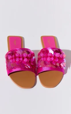 Wide Fit Pink Pu Round Toe Sequin Strap Mule Sandals