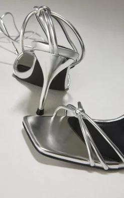 Wide Fit Silver PU Square Toe Lace Up High Stiletto Heeled Sandals