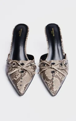 Wide Fit Snake Print PU Point Toe Bow Detailed Heeled Mules