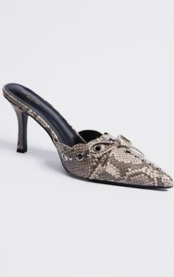 Wide Fit Snake Print PU Point Toe Bow Detailed Heeled Mules