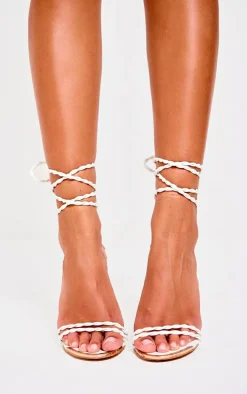 Wide Fit White PU Round Metal Toe Braided Strap High Stiletto Heeled Sandals