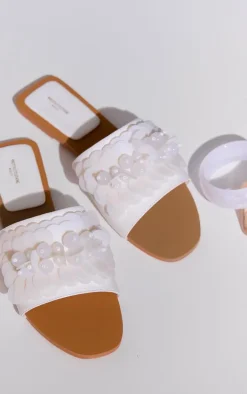 Wide Fit White PU Round Toe Sequin Strap Mule Sandals